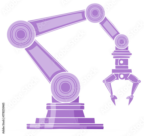 Purple industrial robotic arm with claw gripper illustration for automation and technology concepts
