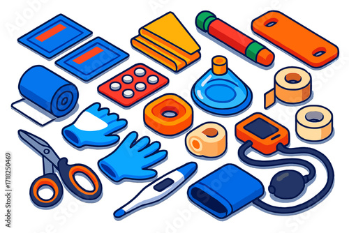Bright Medical Kit Illustration. Isometric vector illustration set Emergency medical kit: trauma bandages, antiseptic wipes,