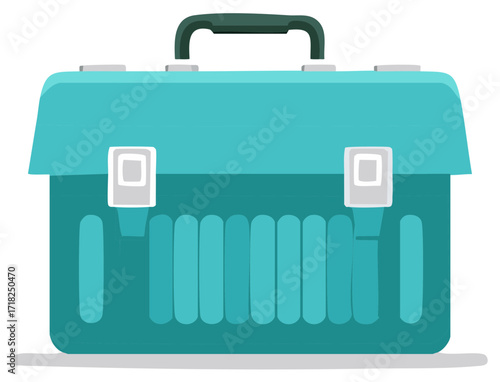 Illustration of a teal colored tool box with a green handle and gray accents.