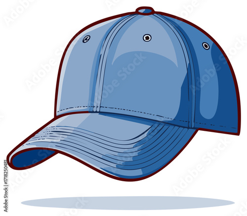 Blue baseball cap with shadow, isolated on white, vector illustration.