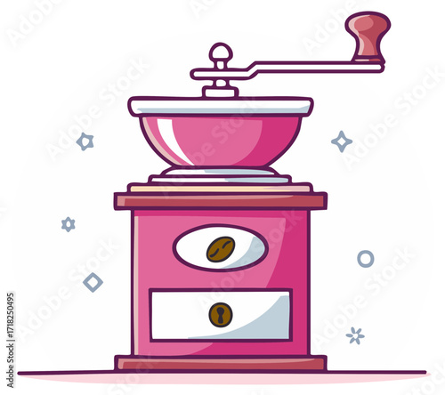 Stylized Pink Coffee Mill with Bean Graphic and Crank Handle Decoration