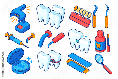 Cosmetic Dentistry Tools. Isometric vector illustration set Cosmetic dentistry: whitening lamp, veneers set, tooth shade guide,