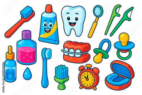 Kids Dental Care Icons. Isometric vector illustration set Kids dental care: colorful toothbrush, cartoon toothpaste tube, smiling