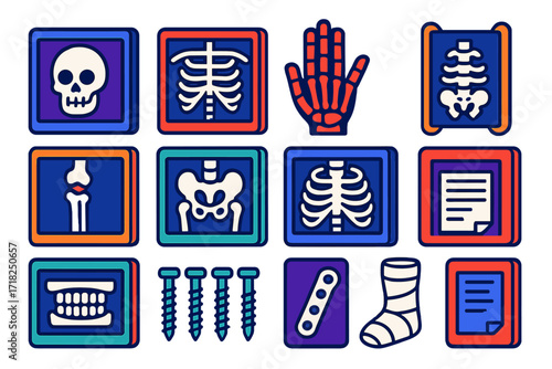 Colorful Radiology Icons. Isometric vector illustration set Skeletal diagnostics: skull X-ray, chest X-ray, hand bone scan, spine