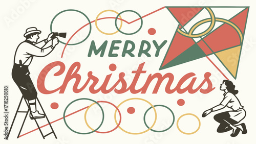 Retro illustration of people celebrating christmas with olympic rings and a kite evoking holiday cheer and sporting spirit