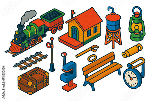 Vintage Railway Icons. Isometric vector illustration set Vintage railway: steam locomotive, coal wagon, wooden station, rail