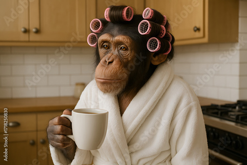 Humorous monkey wearing curlers and a bathrobe enjoying coffee in a cozy kitchen
