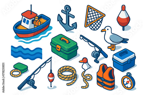 Isometric Fishing Icons. Isometric vector illustration set Fishing journey: fishing boat, anchor, net, waves, tackle box, fishing