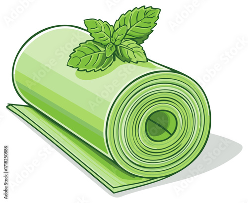 Rolled green yoga mat with fresh mint leaves illustration