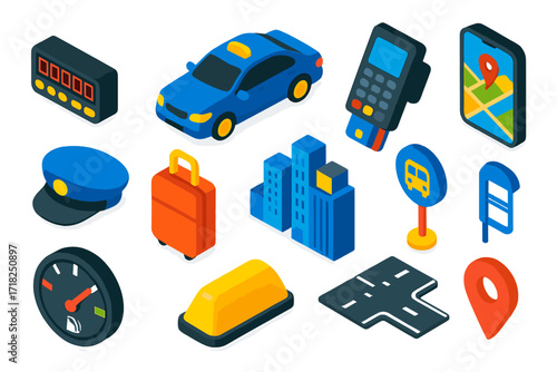 City Ride Essentials. Isometric vector illustration set City ride essentials: taxi meter, sedan car, credit card reader,