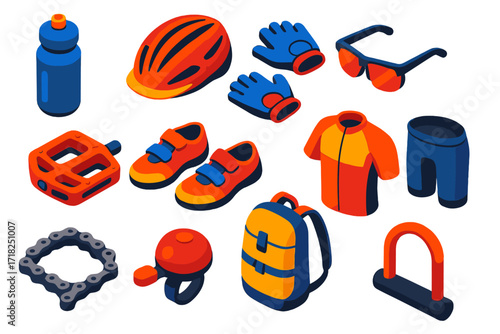 Cycling Gear Icons. Isometric vector illustration set Cycling gear: water bottle, bike helmet, gloves, sunglasses, pedal, shoes,
