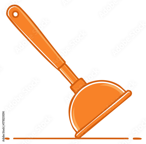 Orange cartoon plunger tool with handle and suction cup on white backdrop
