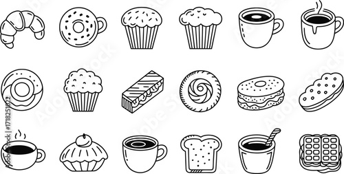 Collection of hand drawn bakery and coffee shop food and drink icons
