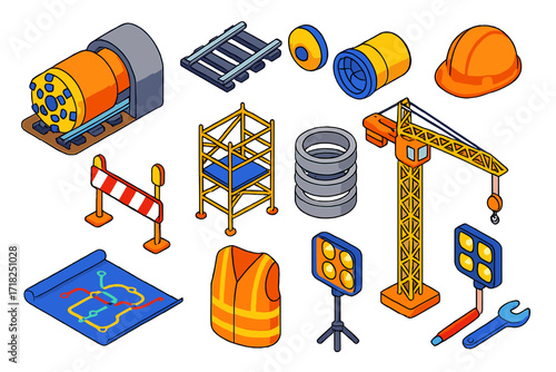 Metro Construction Icons. Isometric vector illustration set Metro construction: tunnel boring machine, metro rail tracks,