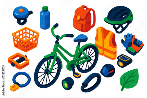 Eco Transport Icons. Isometric vector illustration set Eco transport: city bike, bell, basket, pedal, reusable bottle, backpack,
