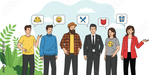 People with speech bubbles and emojis, diverse emotions, digital communication, social media expression, personality illustration, modern lifestyle, character design, colorful background