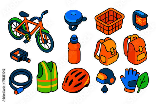Eco Transport Icons. Isometric vector illustration set Eco transport: city bike, bell, basket, pedal, reusable bottle, backpack,