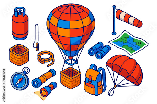 Balloon Expedition Essentials. Isometric vector illustration set Balloon expedition: hot air balloon, fuel tank, ropes, basket,