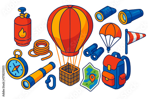 Balloon Expedition Essentials. Isometric vector illustration set Balloon expedition: hot air balloon, fuel tank, ropes, basket,