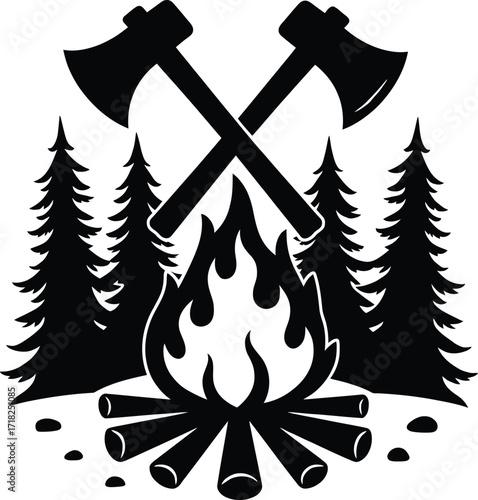 Crossed axes with campfire in pine forest, outdoor wilderness adventure emblem

