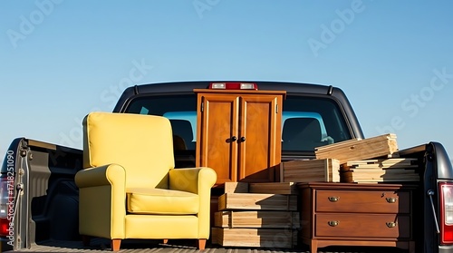 Bright yellow armchair and wooden furniture loaded into the back of a dark pickup truck for moving or transport