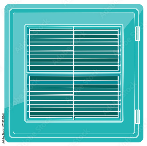 Abstract illustration of a teal window with closed venetian blinds and frame, vector graphic.