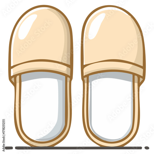 Pair of comfortable beige indoor slippers illustrated for relaxation, cozy moments at home or spa days in vector style