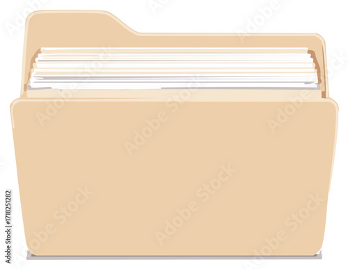 Illustration of a beige manila file folder full of paper documents for office organization