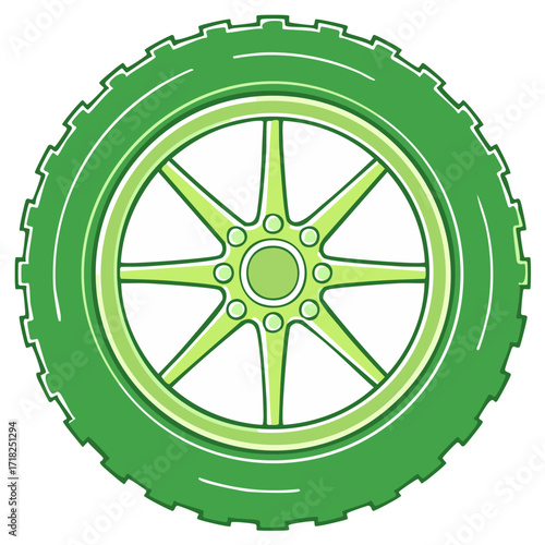 Illustration of a green car wheel with tire, rim and multiple spoke elements.