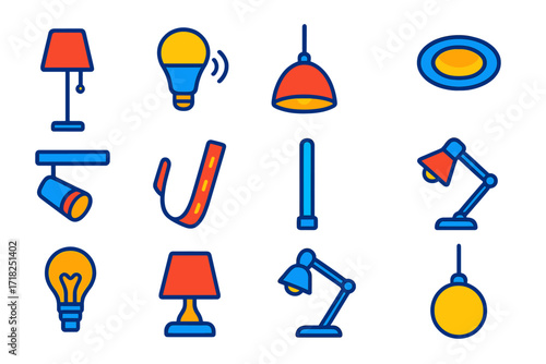 Modern Lighting Icons. Isometric vector illustration set Modern Illumination: standing lamp, smart bulb, hanging shade, recessed