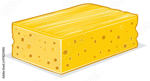Hand drawn vector illustration of a porous yellow block of cheese with holes