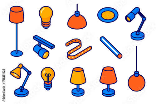 Modern Lighting Icons. Isometric vector illustration set Modern Illumination: standing lamp, smart bulb, hanging shade, recessed