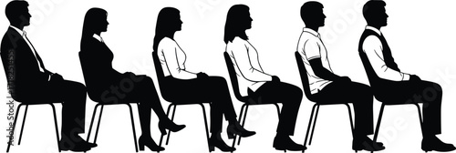Seated silhouettes in row, professional posture, waiting room concept, business attire, interview scene, seminar audience, workplace observation, chair seating illustration