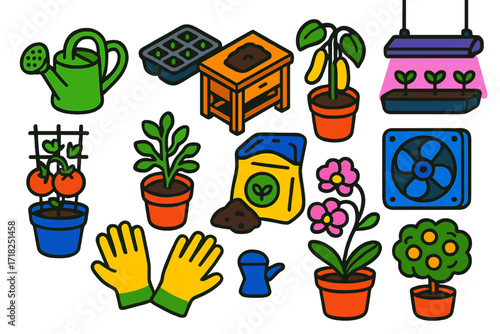 Greenhouse Garden Icons. Isometric vector illustration set Greenhouse Essentials: watering can, seedling tray, potting bench,