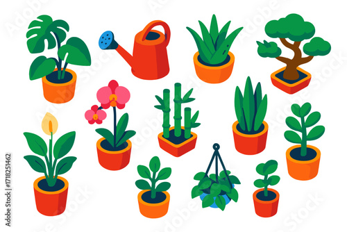 Vibrant Houseplant Collection. Isometric vector illustration set Houseplants: potted monstera, ceramic watering can, aloe vera,