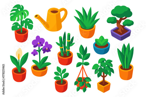 Vibrant Houseplant Collection. Isometric vector illustration set Houseplants: potted monstera, ceramic watering can, aloe vera,