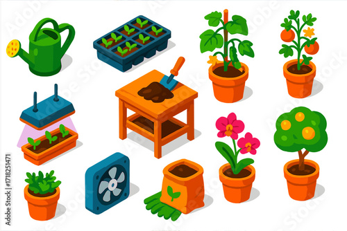 Greenhouse Garden Icons. Isometric vector illustration set Greenhouse Essentials: watering can, seedling tray, potting bench,