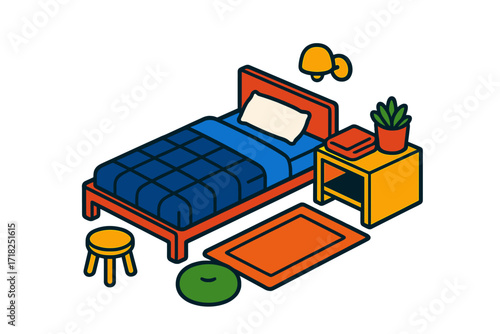 Minimalist Bedroom Elements. Isometric vector illustration set Minimalist Bedroom: low bed, thin mattress, plain pillow, white