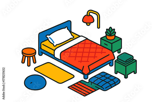Minimalist Bedroom Elements. Isometric vector illustration set Minimalist Bedroom: low bed, thin mattress, plain pillow, white