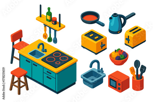 Modern Kitchen Icons. Isometric vector illustration set Modern Kitchen: island table, bar chair, tall stool, induction cooktop,