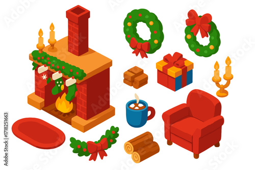 Festive Fireplace Icons. Isometric vector illustration set Holiday Fireplace: decorated mantel, chimney stack, glowing fire, wood