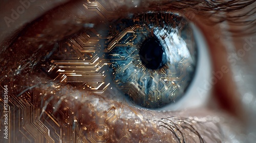 Advanced AI vision system integrates digital circuitry into human eye, symbolizing futuristic technology and enhanced perception for digital transformation and innovation
