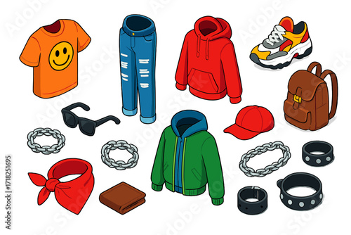 Urban Fashion Icons. Isometric vector illustration set Urban Fashion: printed tee, distressed jeans, hooded sweatshirt, chunky