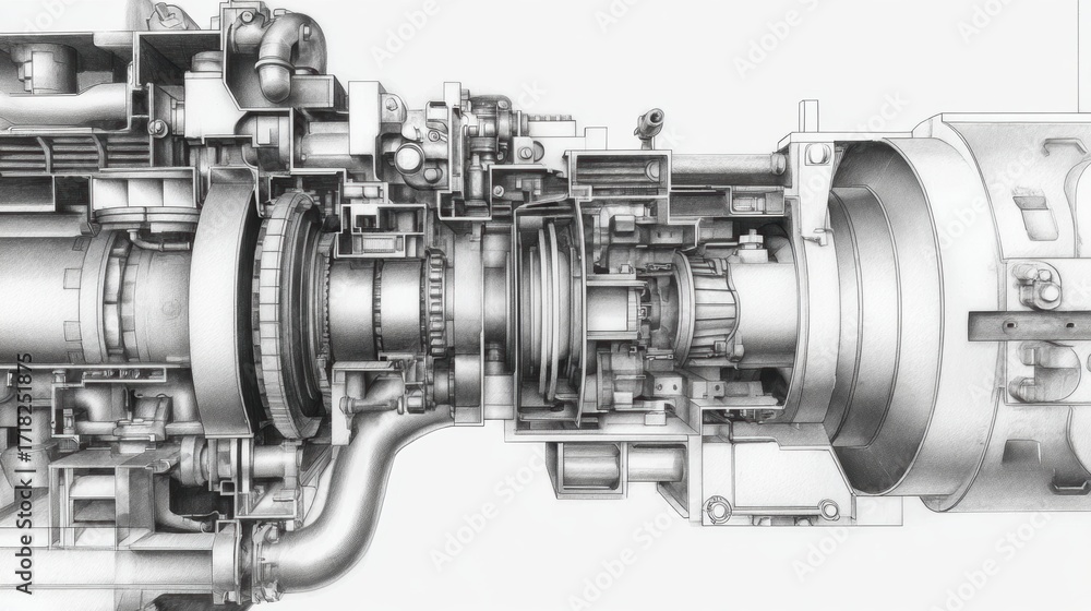 Fototapeta premium Detailed illustration of a jet engine cross-section showcasing intricate components and mechanics