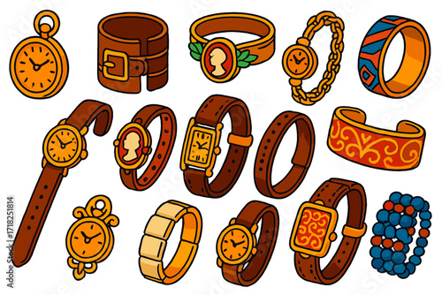 Vintage Wrist Accessories. Isometric vector illustration set Vintage Wrist Accessories: pocket watch, leather cuff strap, antique
