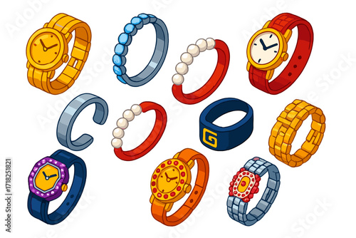 Luxury Timepiece Collection. Isometric vector illustration set Luxury Timepieces: gold watch, diamond bracelet, crocodile leather