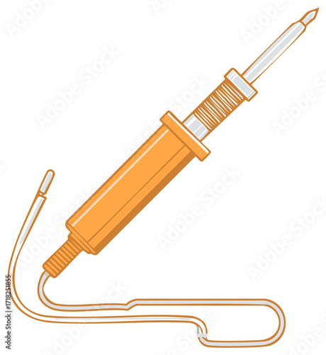 Orange soldering iron with a wire. Electronics repair tool.