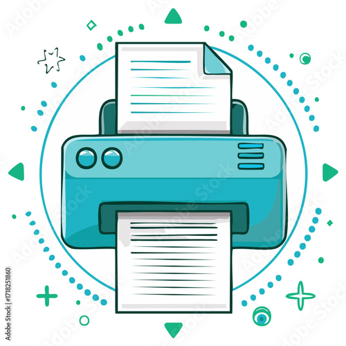 Vibrant blue cartoon printer with paper sheet document printing workflow