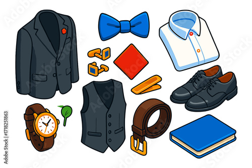 Elegant Outfit Icons. Isometric vector illustration set Elegant Outfit: charcoal suit, silk bow tie, collared shirt, polished