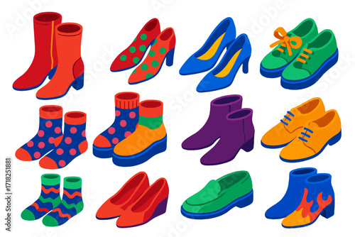 Fashion Footwear Collection. Isometric vector illustration set Fashion Footwear: designer boots, patterned socks, pointed shoes,
